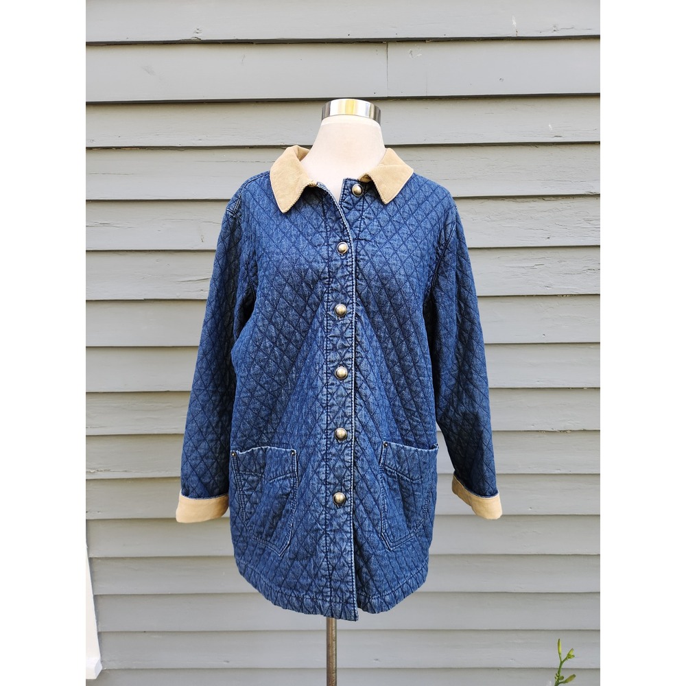 Vintage Christopher & Banks Barn Jacket Blue Quilted Denim Corduroy Collar Large